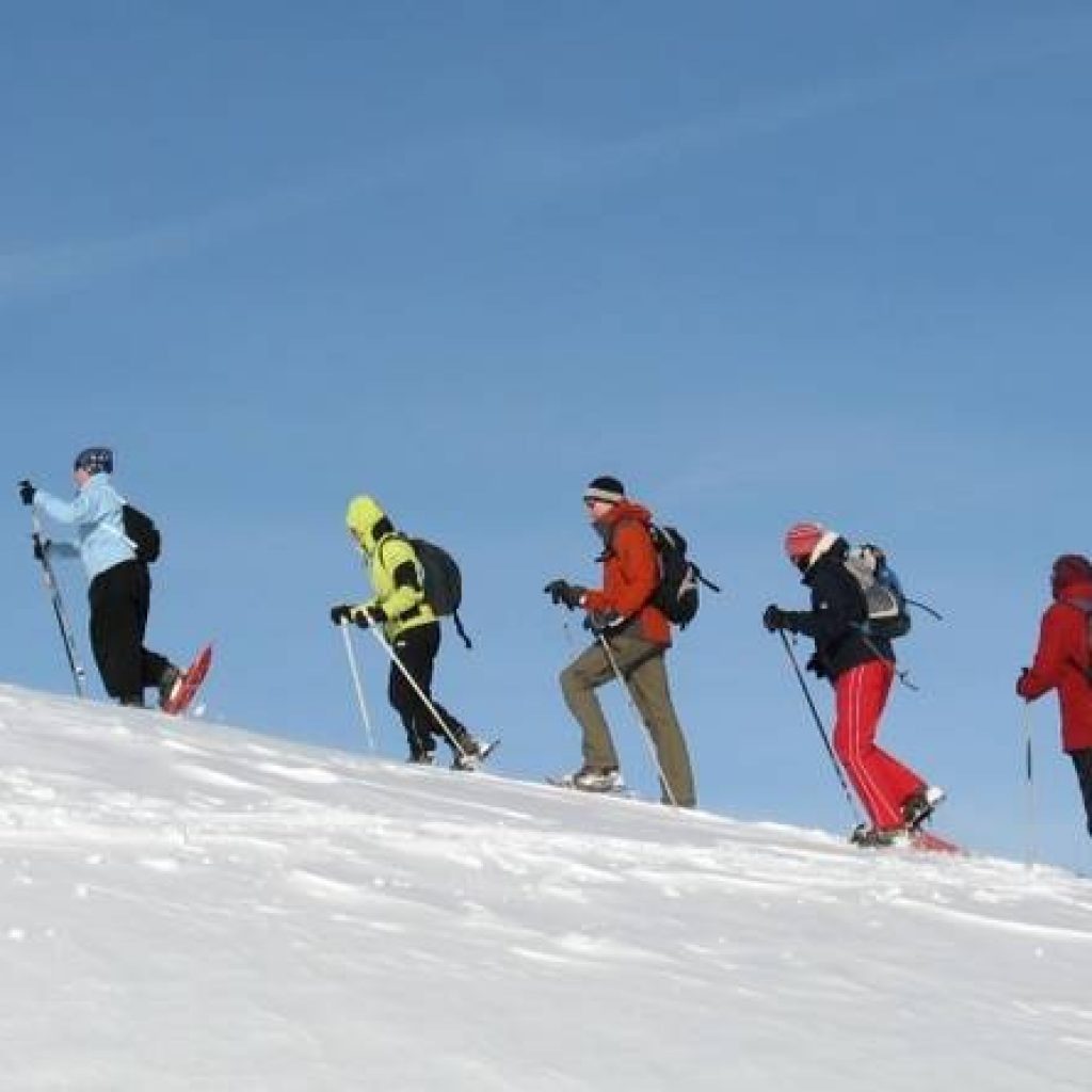 Schneeschuhwanderer laufen in Reihe
